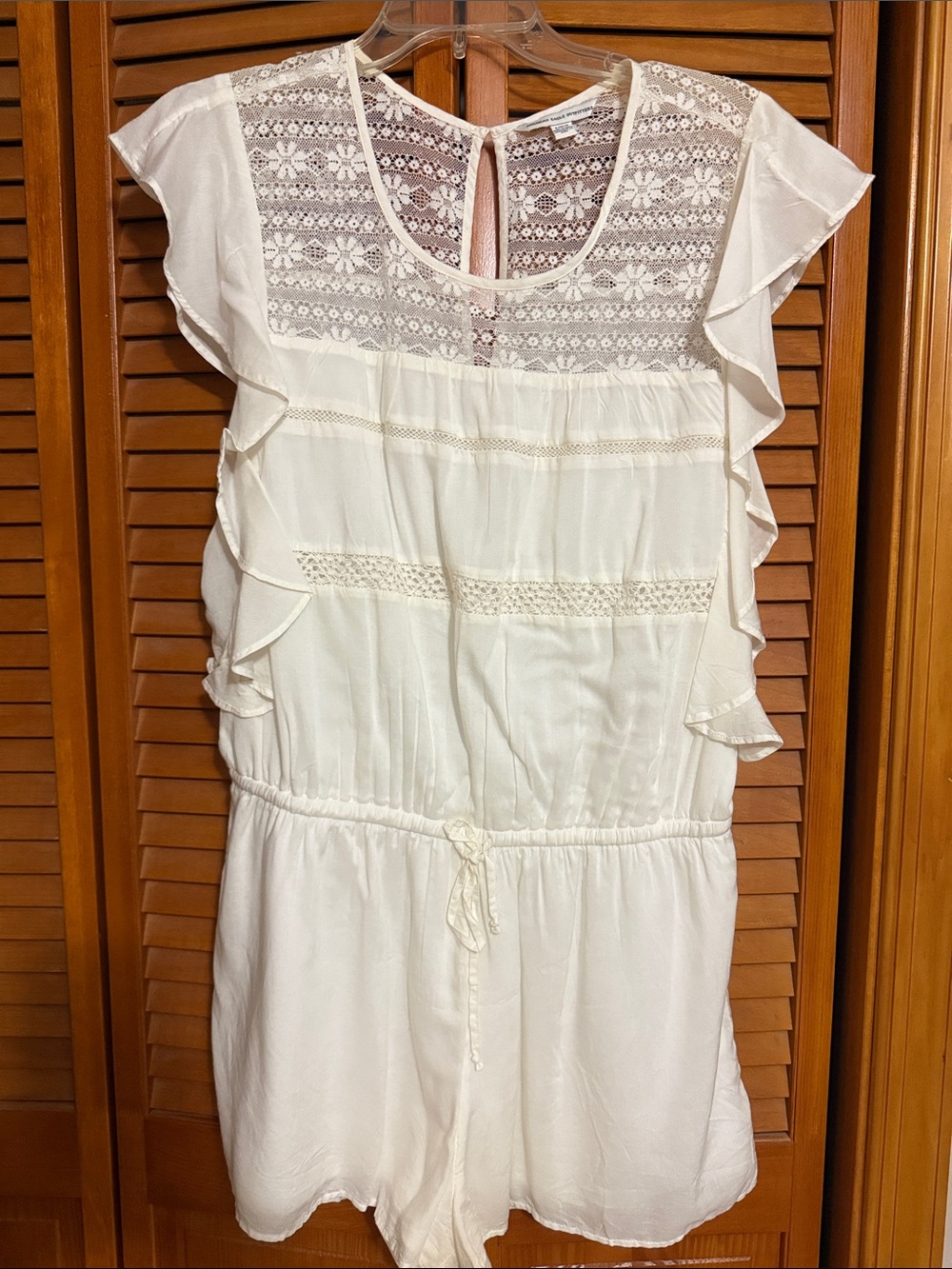 American Eagle White Lace Romper with Floral Crochet